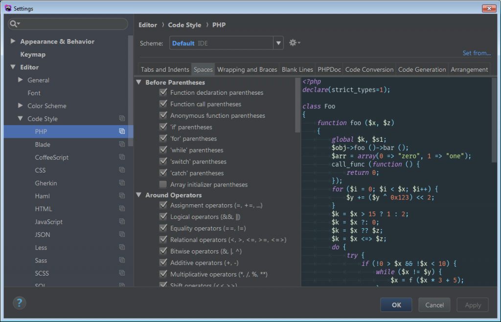 Configuring the code syle for PHP in PhpStorm 2017.3