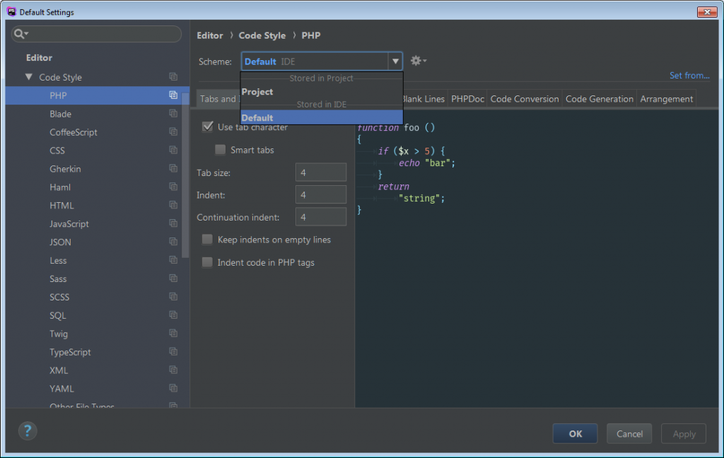 Configuring tabs in PhpStorm 2017.3